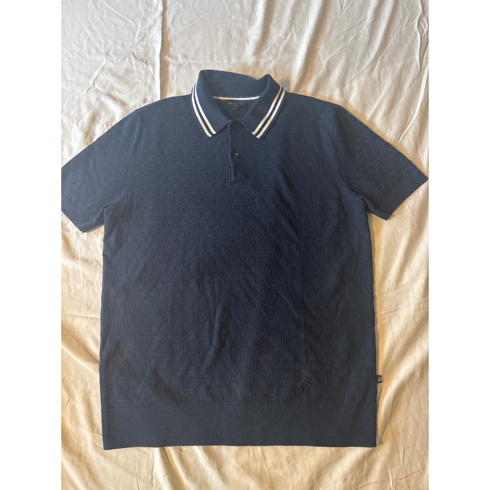 Ted Baker Knit Polo Mens 2 Small Navy Blue Excellent Textured Tipped Collar